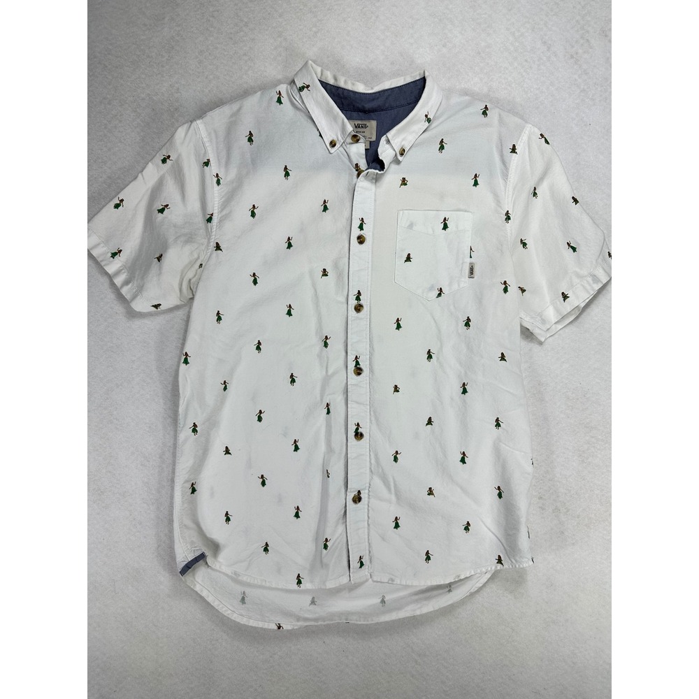 Vans Mens White Hula Girl Embroidered Short Sleeve Button Down Shirt Medium